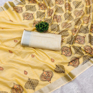 Yellow Embroidered Cotton Silk Saree With Tassels
