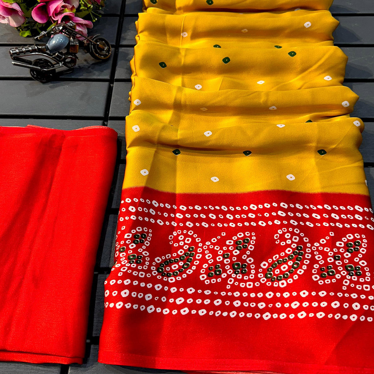Mustard Satin Crepe Saree Showcasing Timeless Bandhani Print