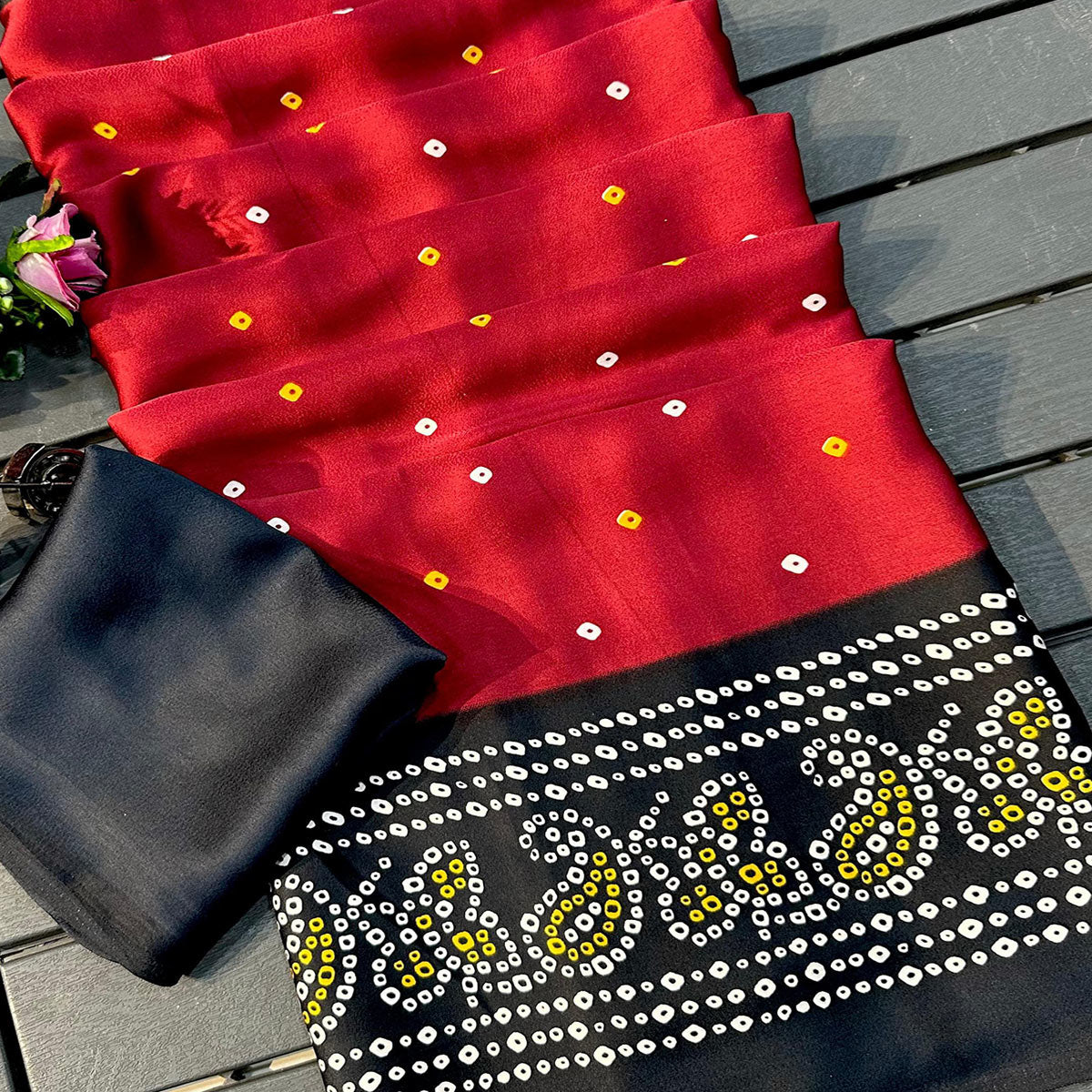 Red Satin Crepe Saree Showcasing Timeless Bandhani Print