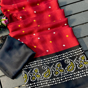 Red Satin Crepe Saree Showcasing Timeless Bandhani Print