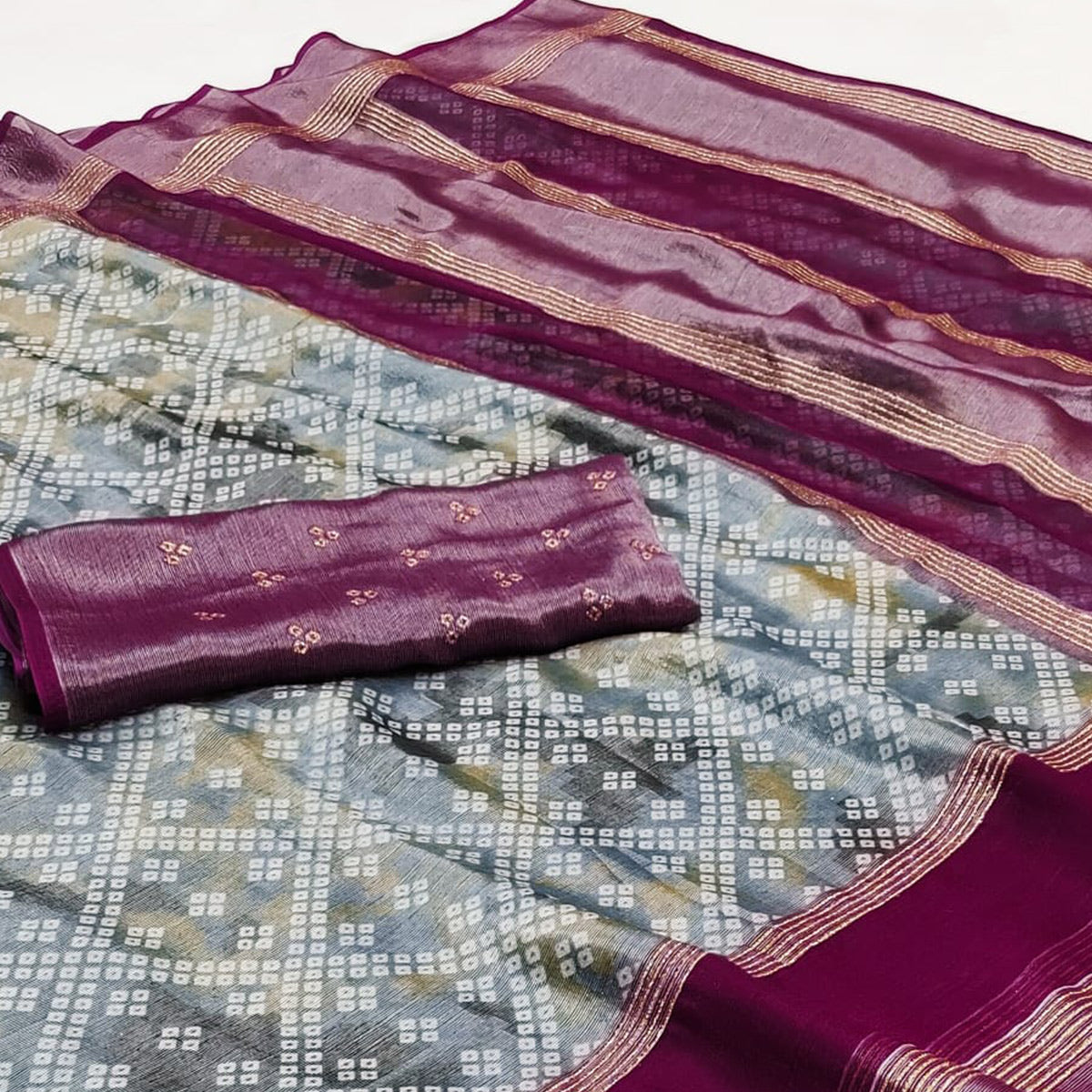 Grey Bandhani Printed Chiffon Saree With Zari Border
