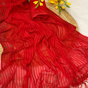 Red Lightweight Woven Chiffon Saree Enhanced with Swarovski Work