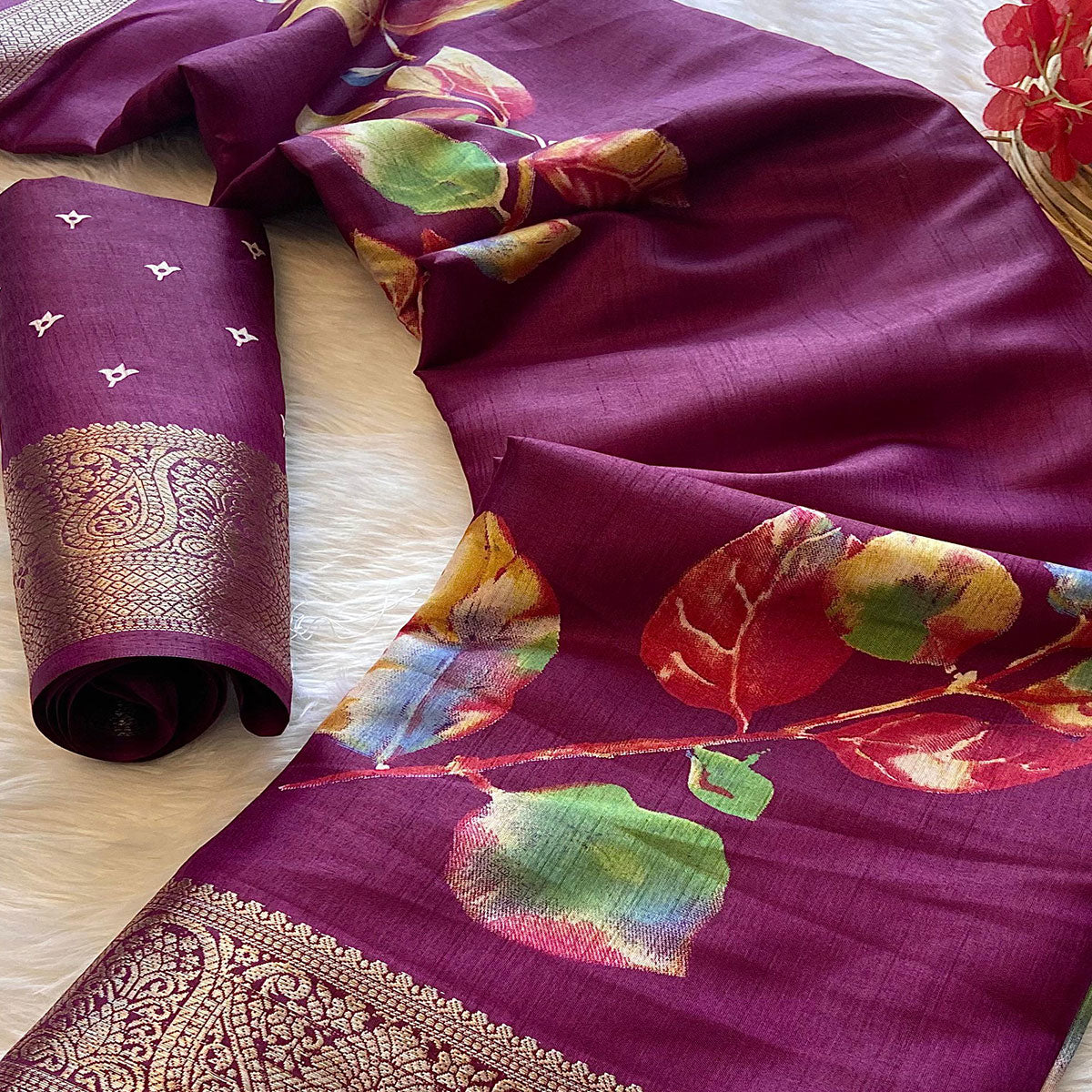 Magenta Floral Printed Dola Silk Saree