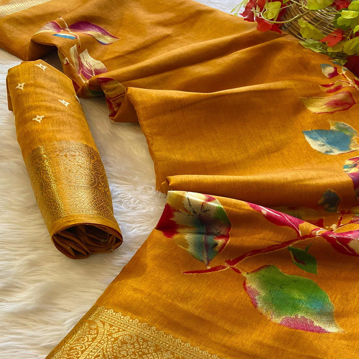 Mustard Floral Printed Dola Silk Saree