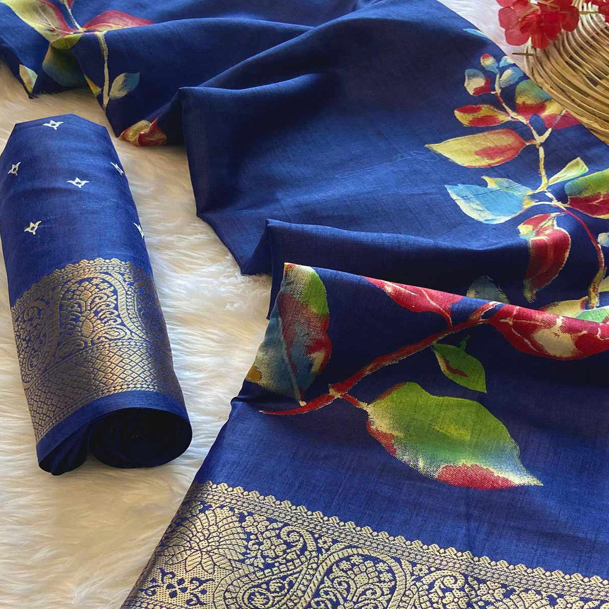 Navy Blue Floral Printed Dola Silk Saree