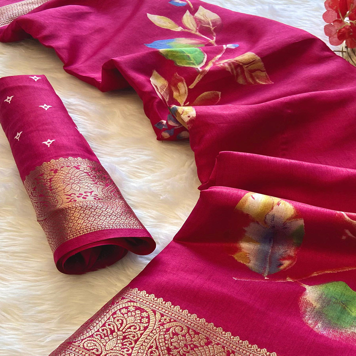 Pink Floral Printed Dola Silk Saree