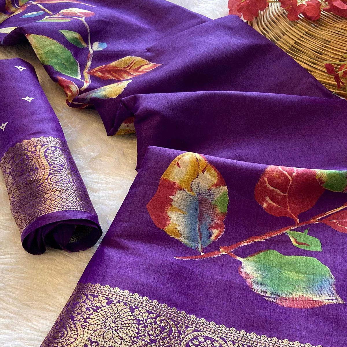 Purple Floral Printed Dola Silk Saree