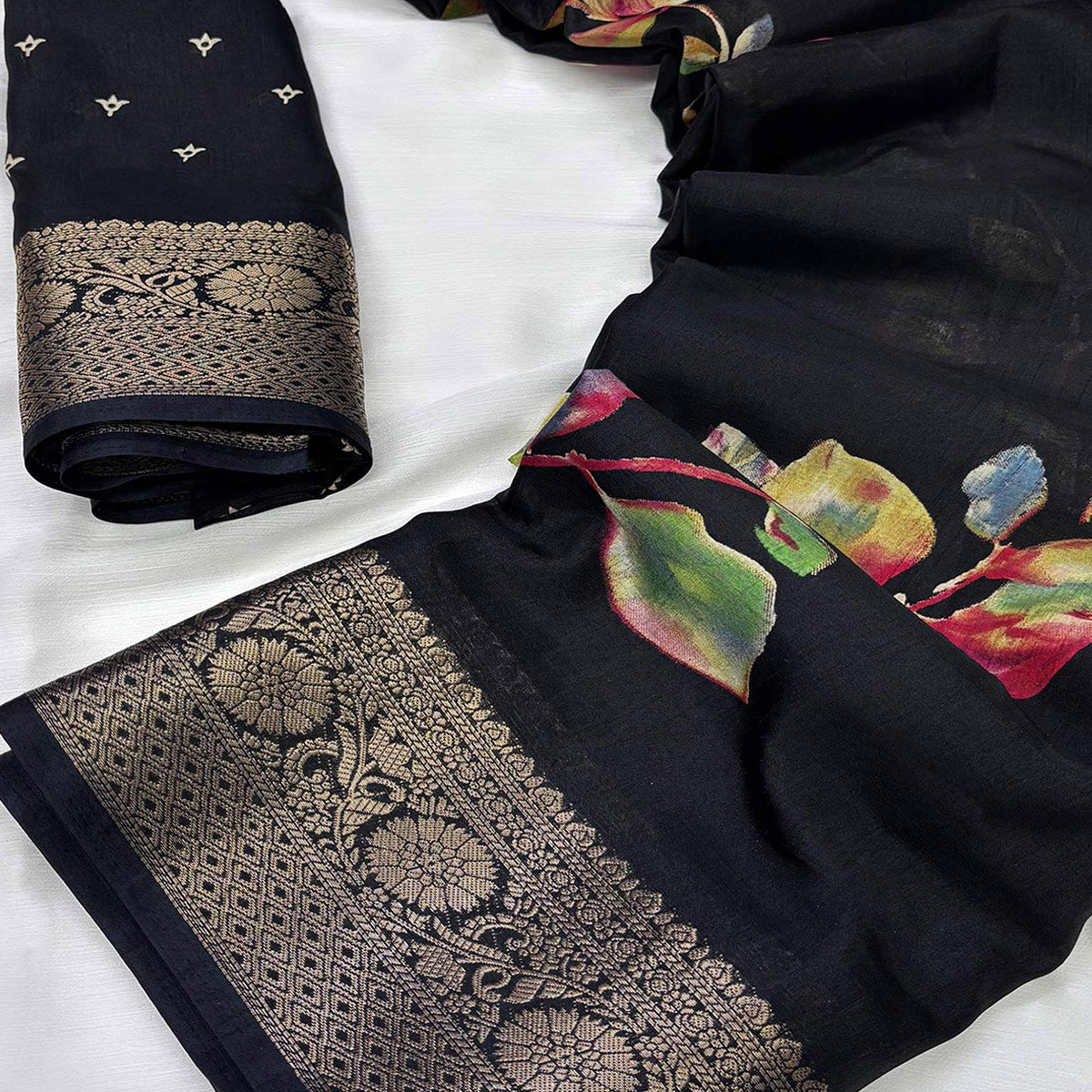 Black Printed Dola Silk Saree With Jacquard Border