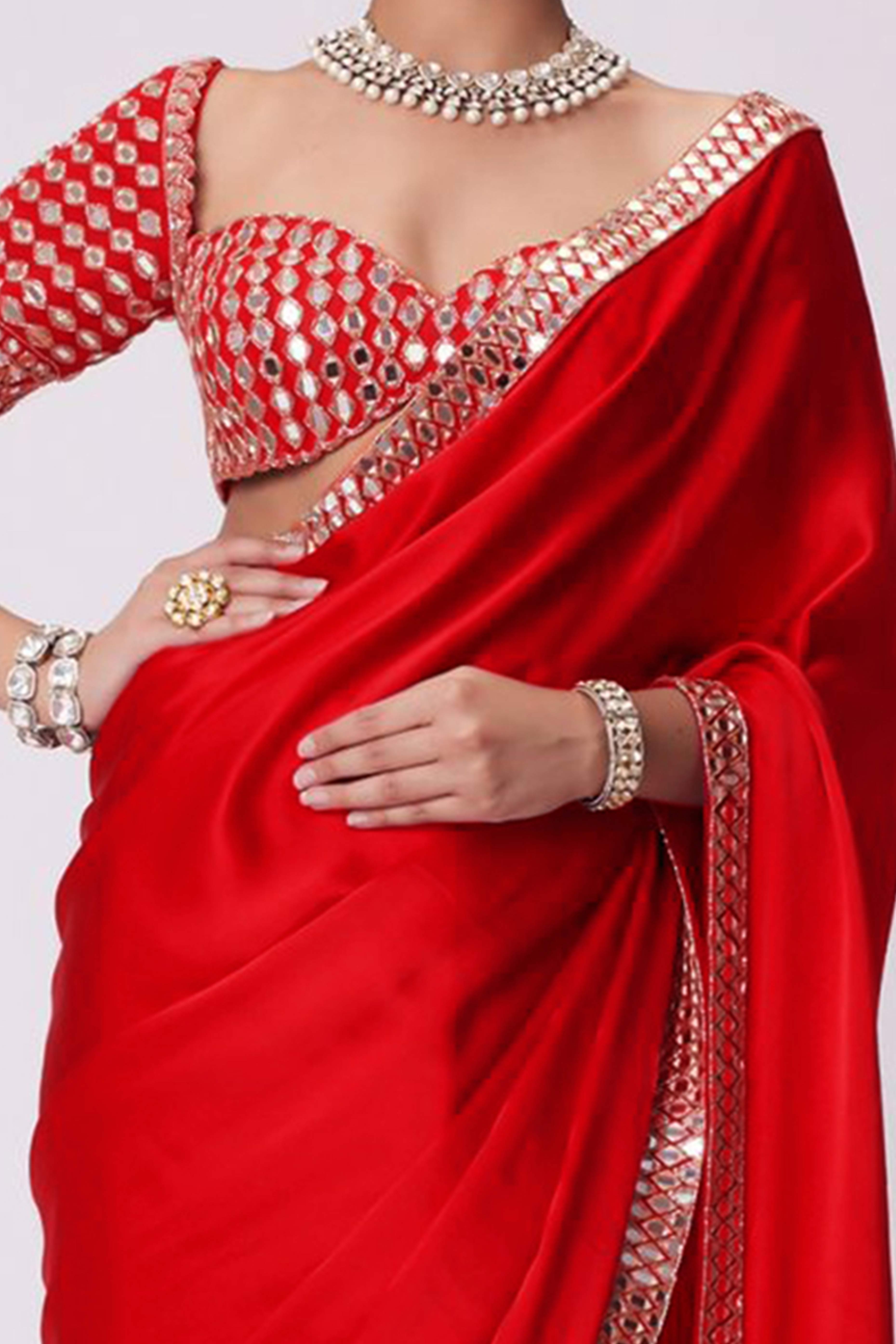 Crimson Red Mirror Embroidered Organza Saree