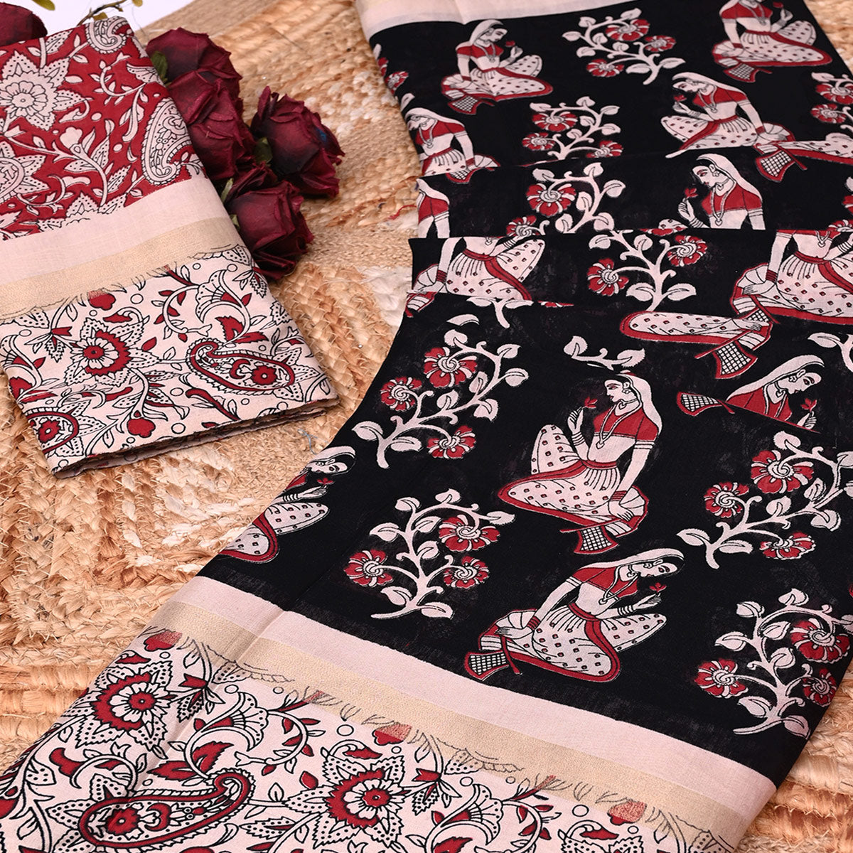 Black Kalamkari Print on Soft Mulmul Cotton Saree for Effortless Style