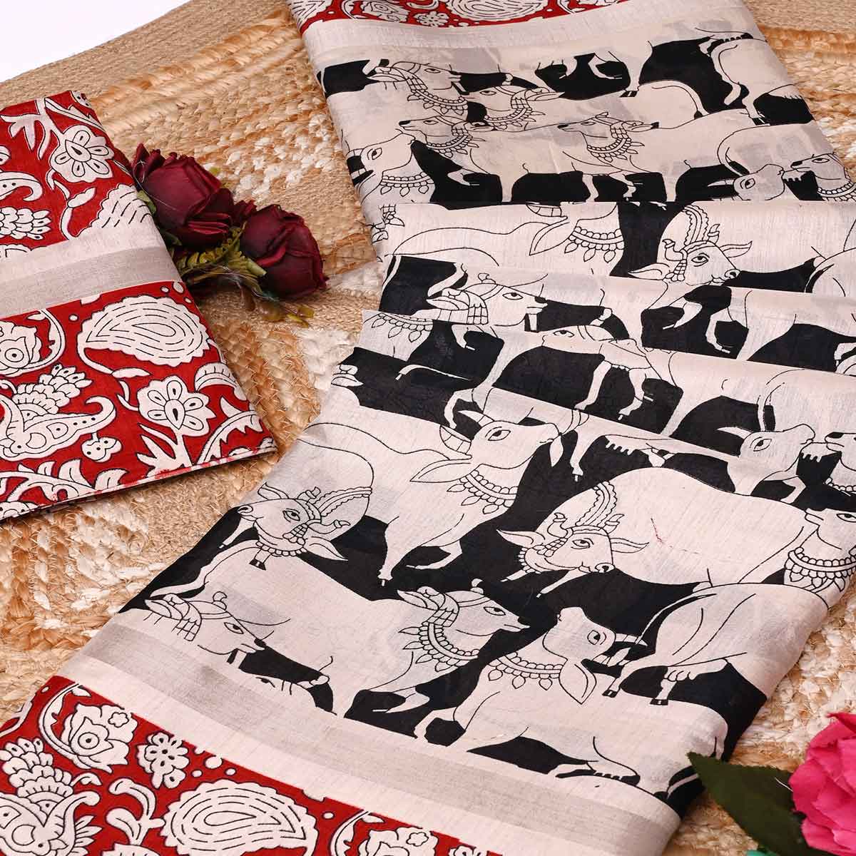 Black & Red Kalamkari Print on Soft Mulmul Cotton Saree for Effortless Style