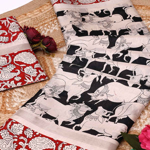 Black & Red Kalamkari Print on Soft Mulmul Cotton Saree for Effortless Style