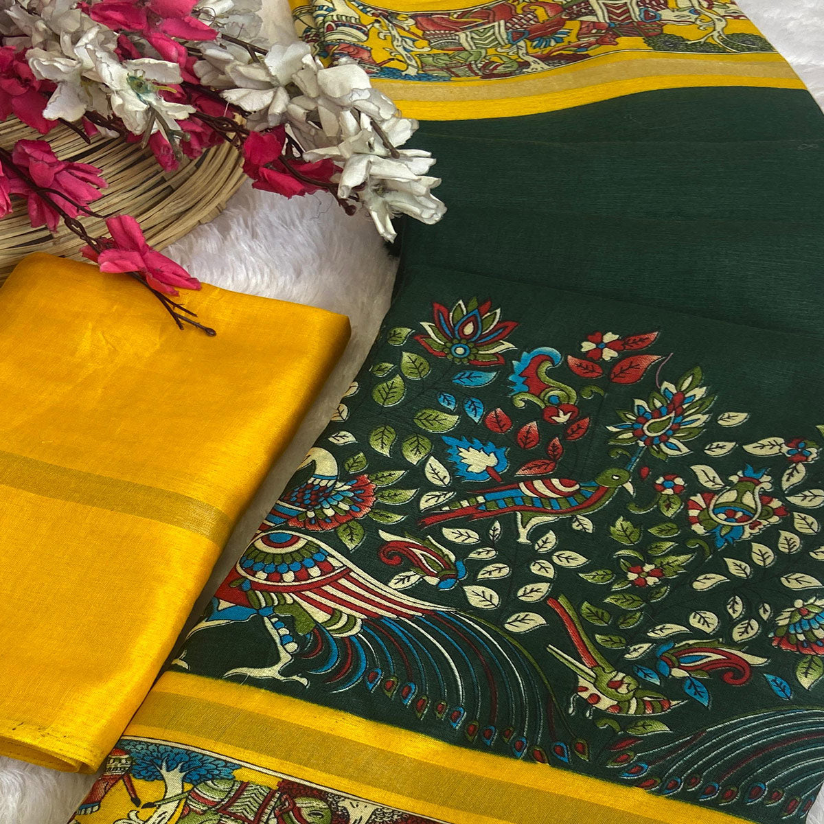 Green Kalamkari Print on Soft Mulmul Cotton Saree for Effortless Style