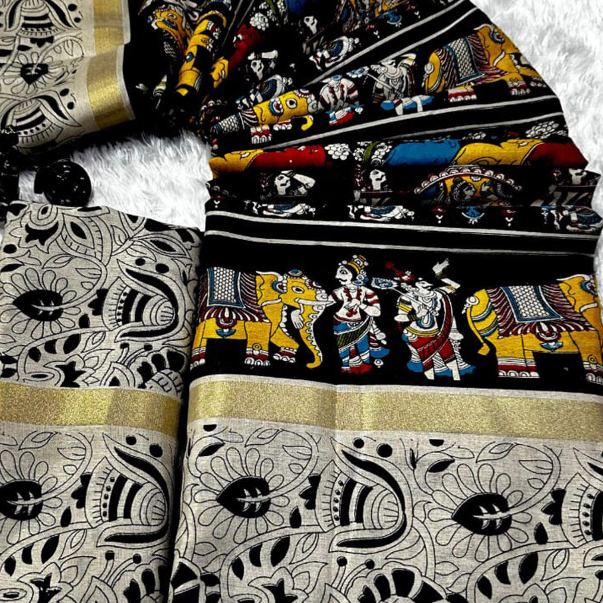 Grey & Black Kalamkari Printed Pure Mulmul Cotton Saree