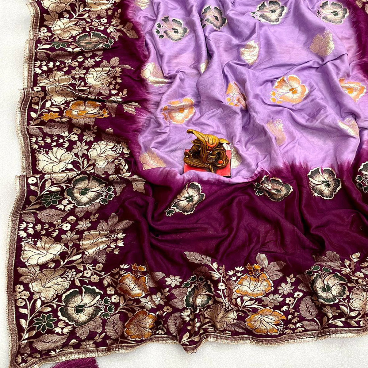 Lavender Floral Woven Dola Silk Saree