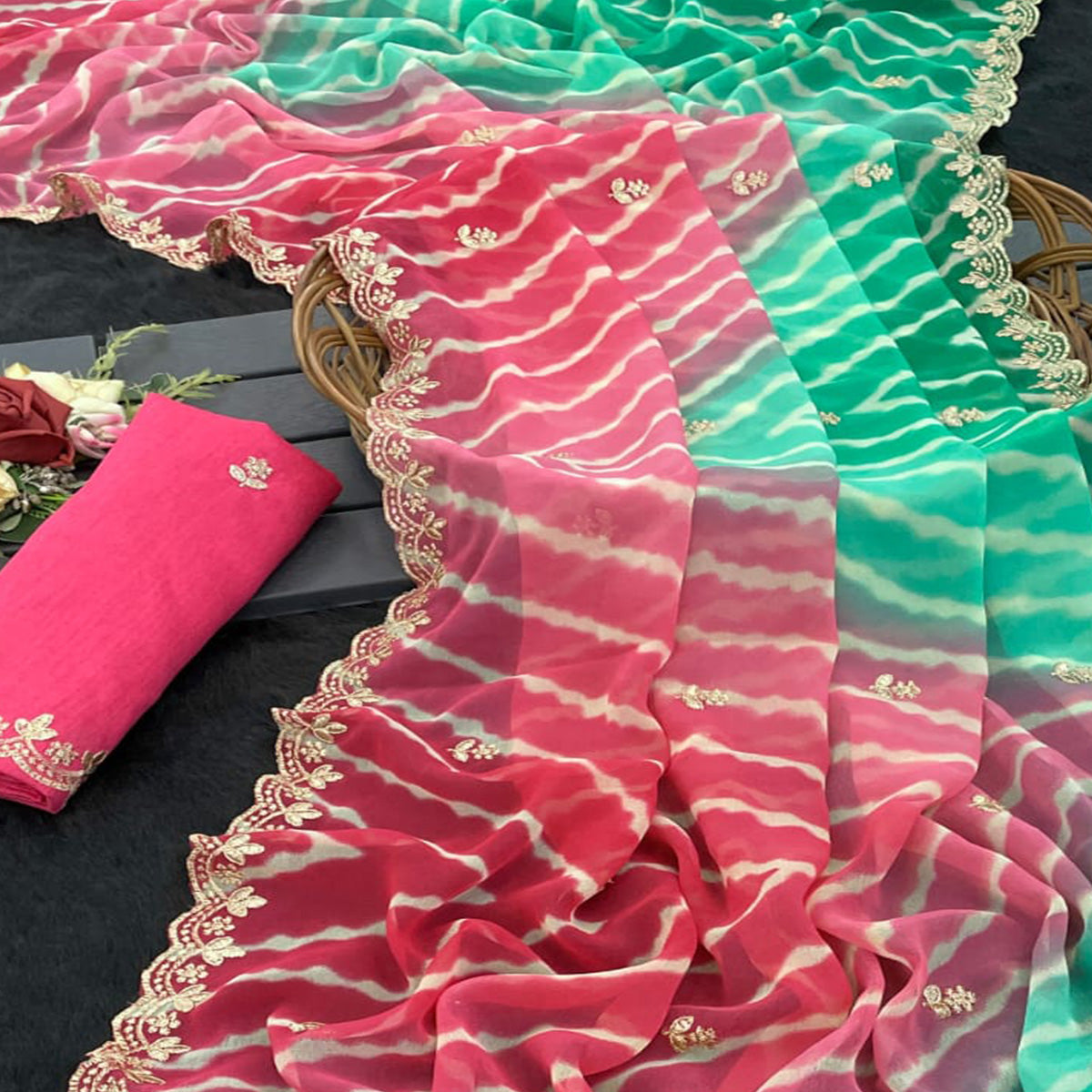Festive Georgette Saree in Pink & Green with Ethnic Leheriya Print and Fine Embroidery