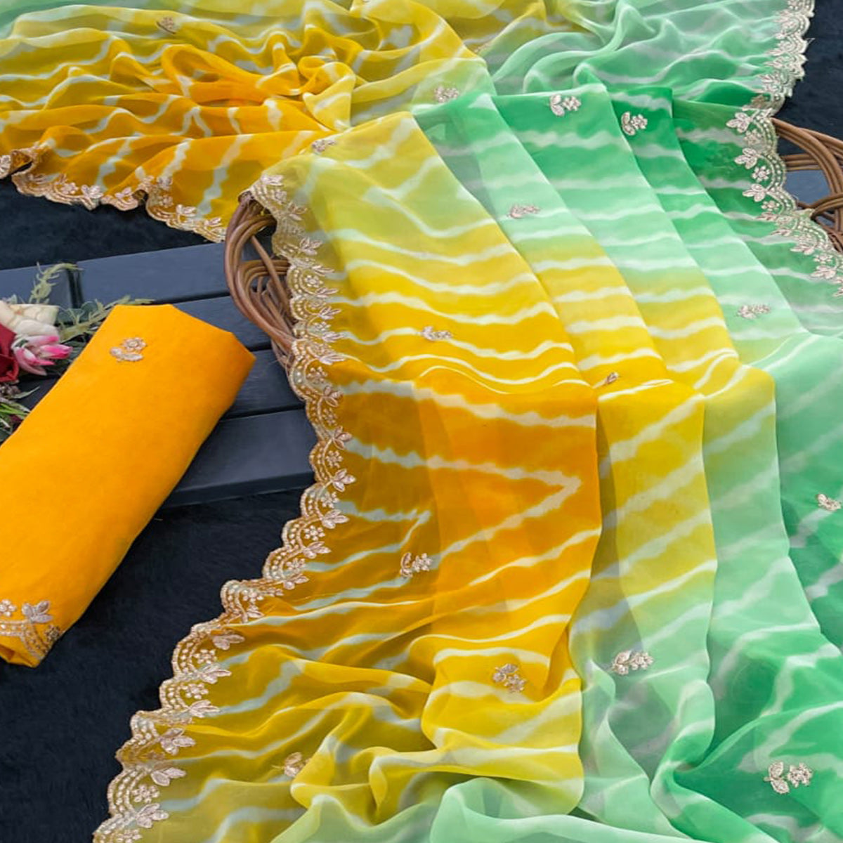 Festive Georgette Saree in Yellow & Green with Ethnic Leheriya Print and Fine Embroidery