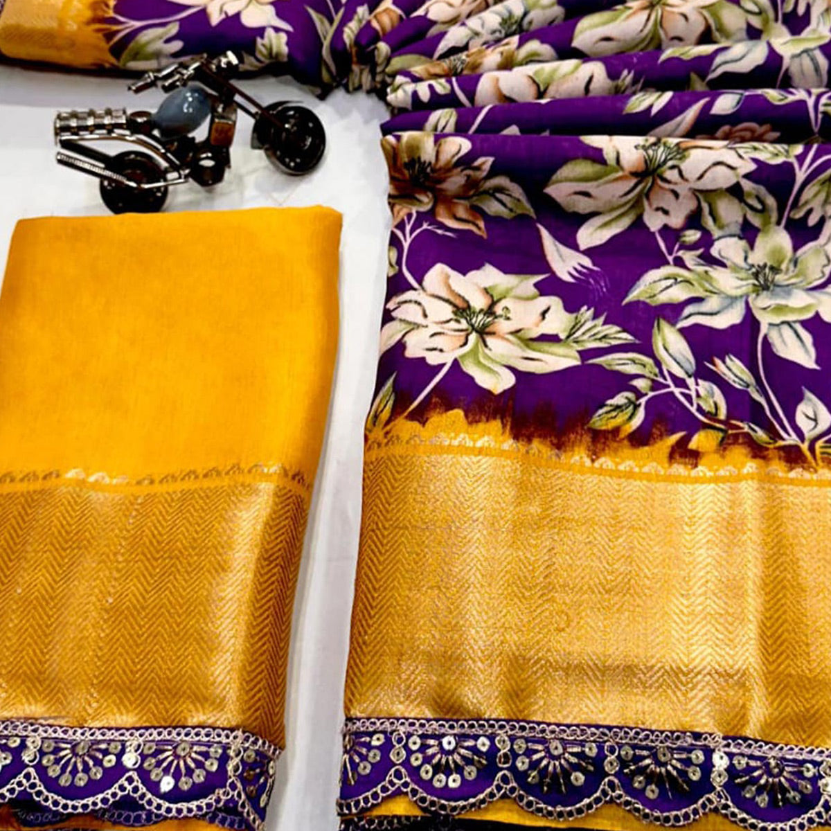 Purple Floral Printed Dola Silk Saree With Zari Border