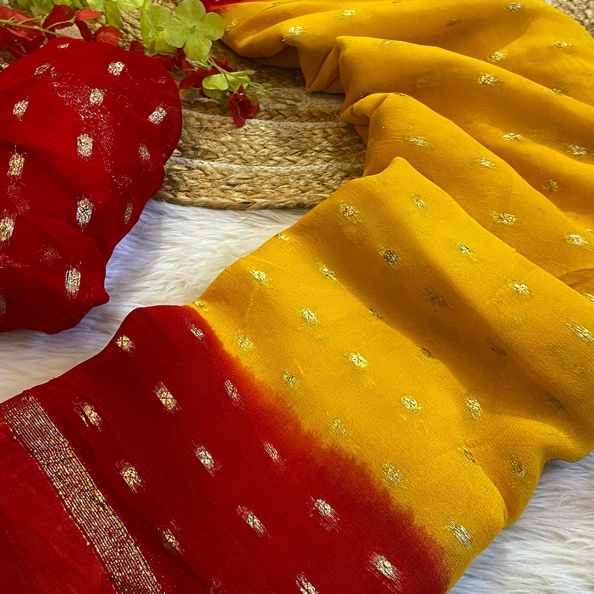 Yellow & Red Zari Woven Pure Viscose Saree