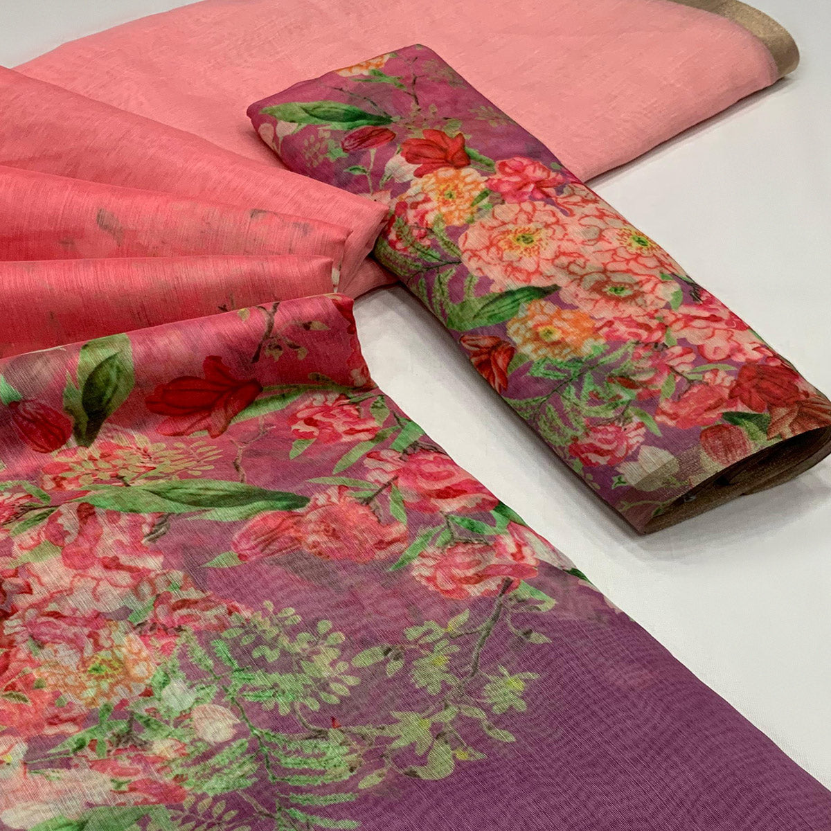 Peach & Purple Floral Printed Cotton Silk Saree