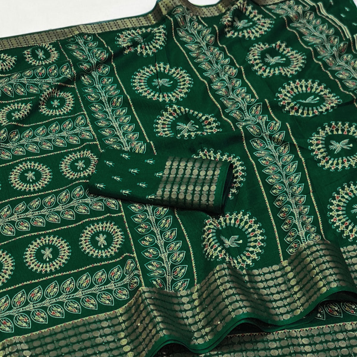Green Warli Printed Dola Silk Saree