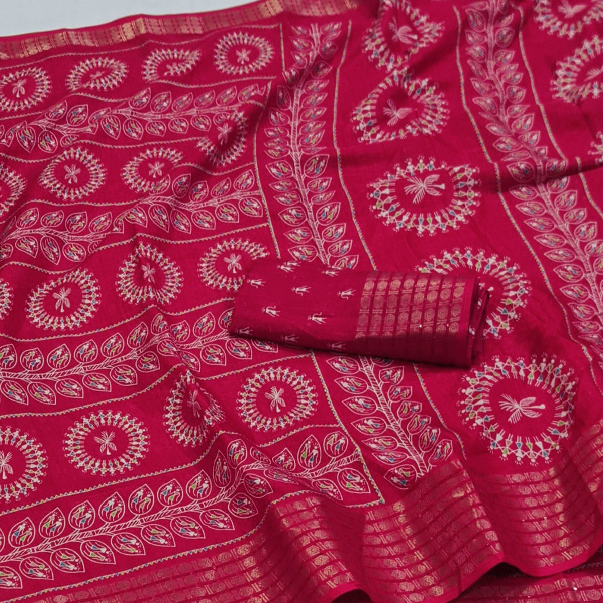 Pink Warli Printed Dola Silk Saree