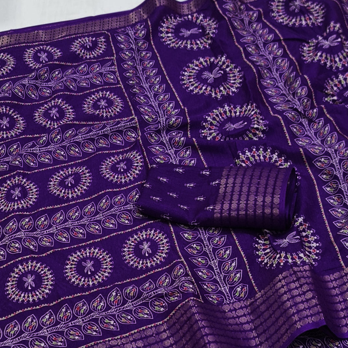 Purple Warli Printed Dola Silk Saree