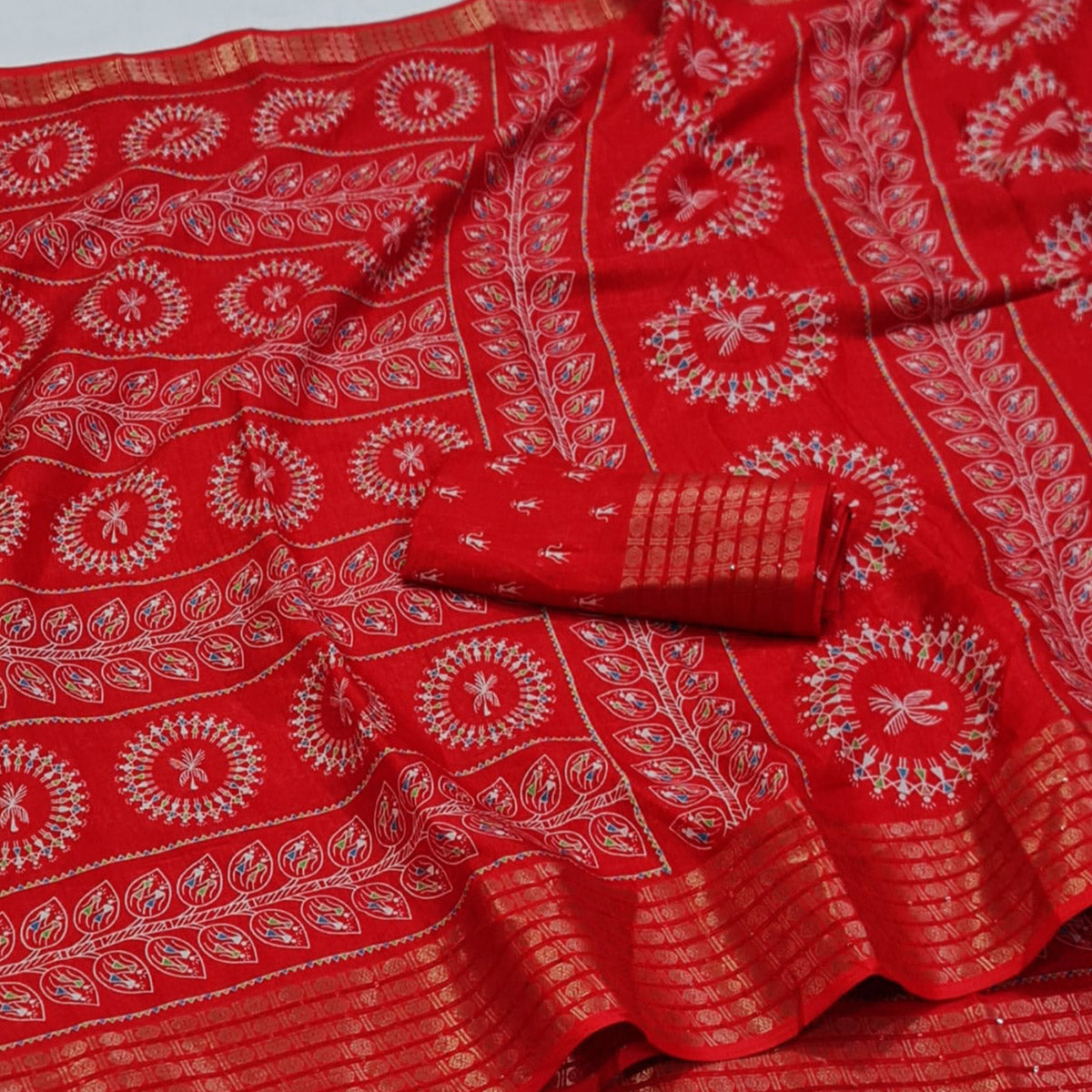 Red Warli Printed Dola Silk Saree