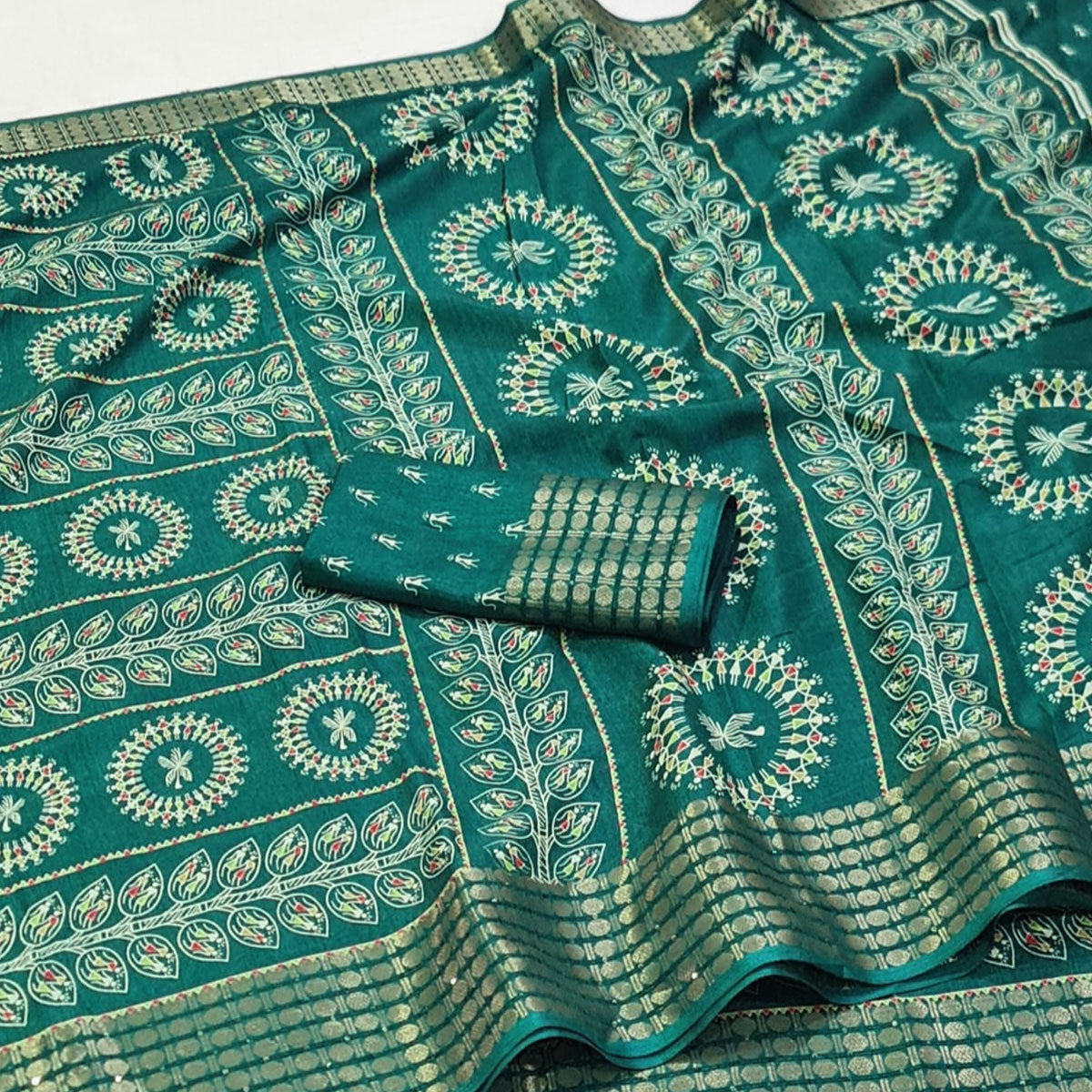 Turquoise Warli Printed Dola Silk Saree