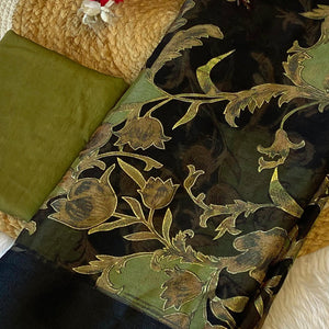 Black & Green Foil Printed Brasso Saree for Party Wear