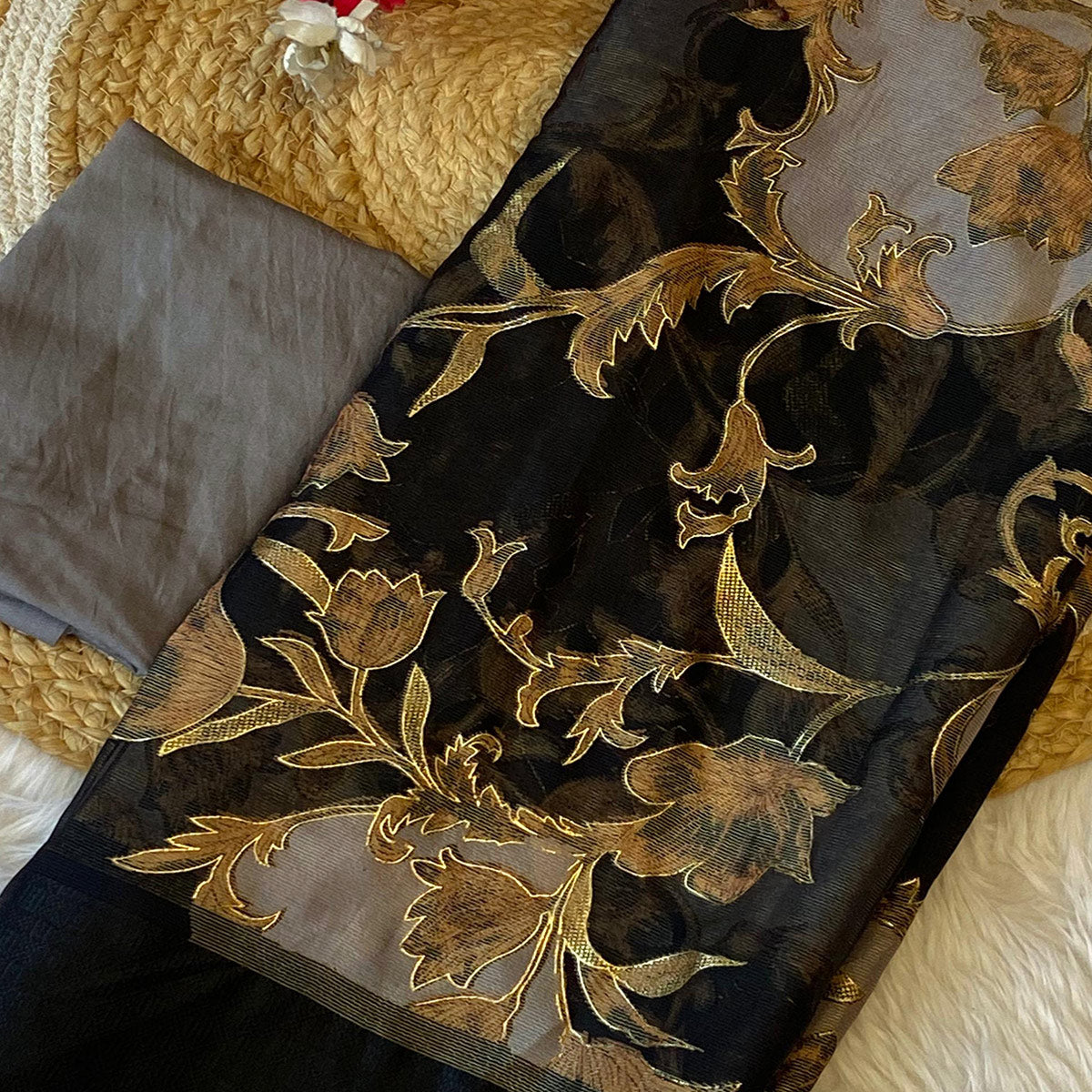 Black & Grey Foil Printed Brasso Saree for Party Wear