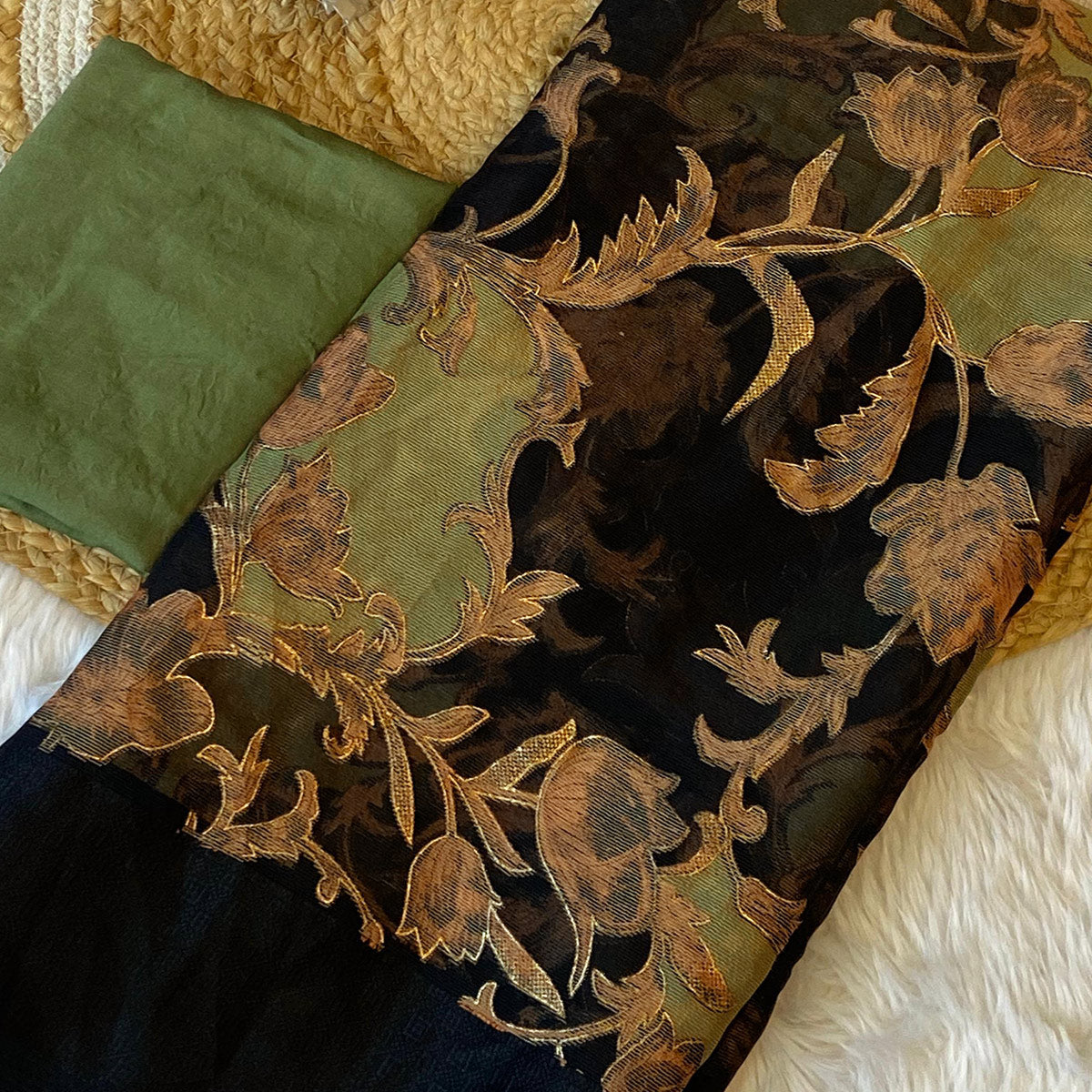 Black & Light Green Foil Printed Brasso Saree for Party Wear