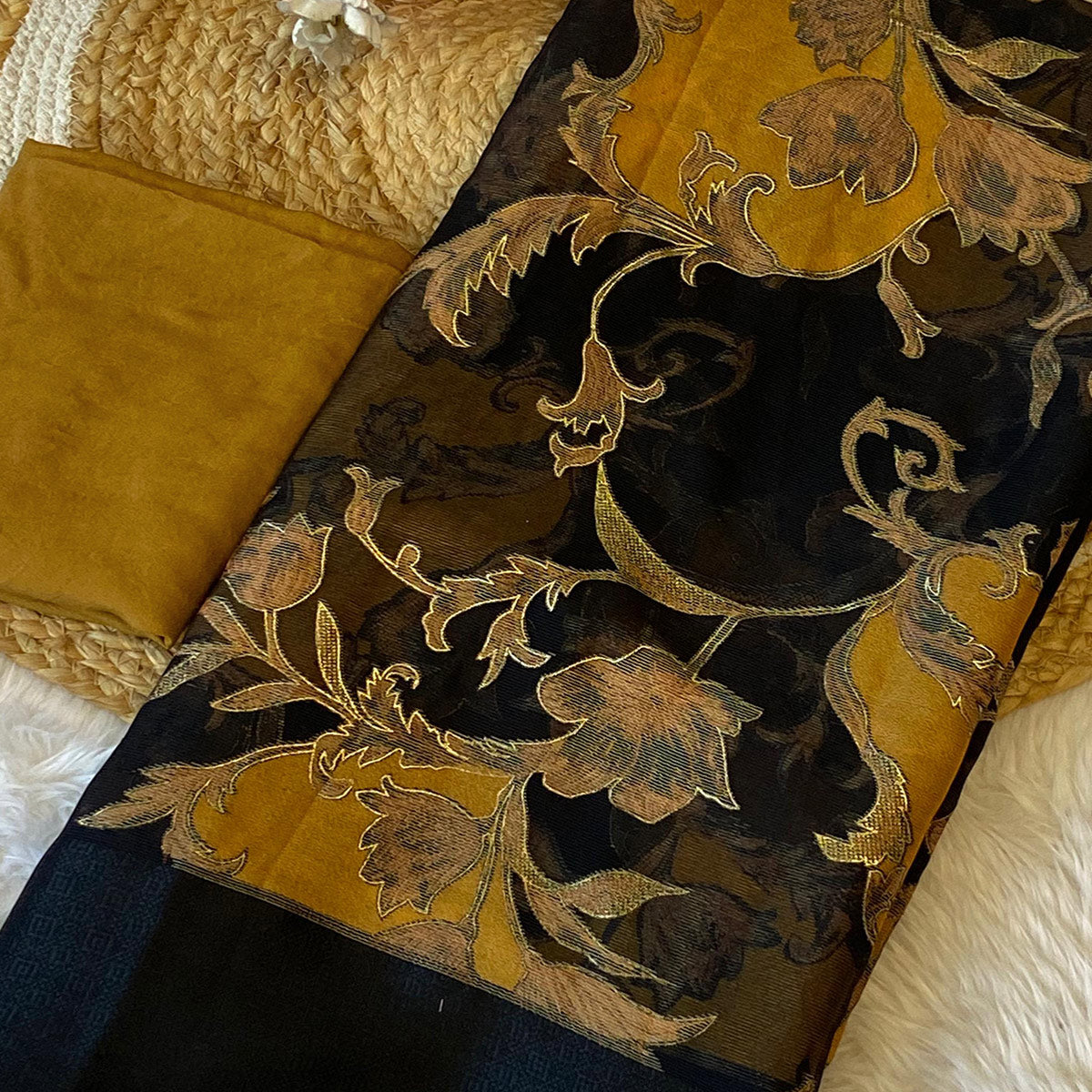 Black & Mustard Foil Printed Brasso Saree for Party Wear