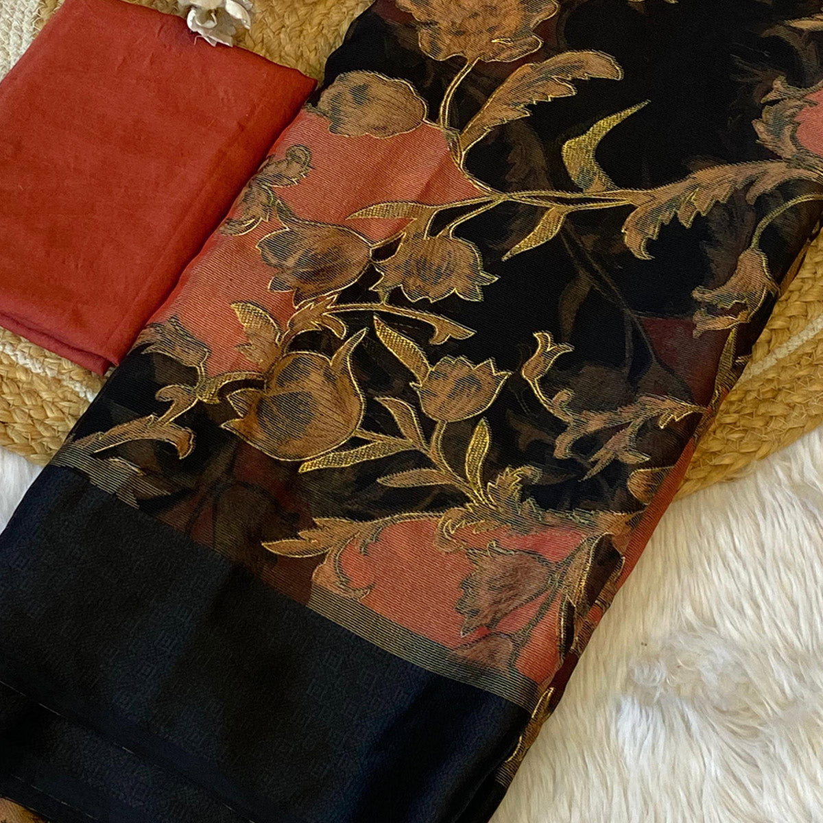 Black & Peach Foil Printed Brasso Saree for Party Wear