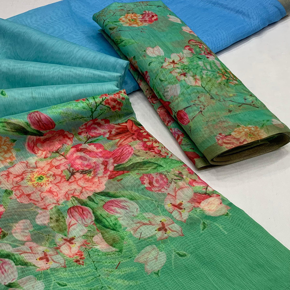 Blue & Turquoise Floral Printed Cotton Silk Saree