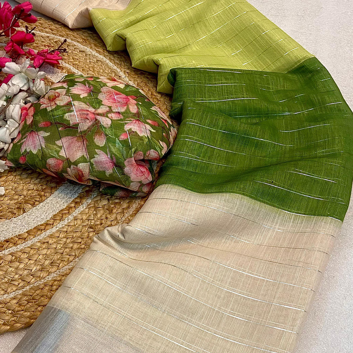 Green Zari Weaving Linen Saree