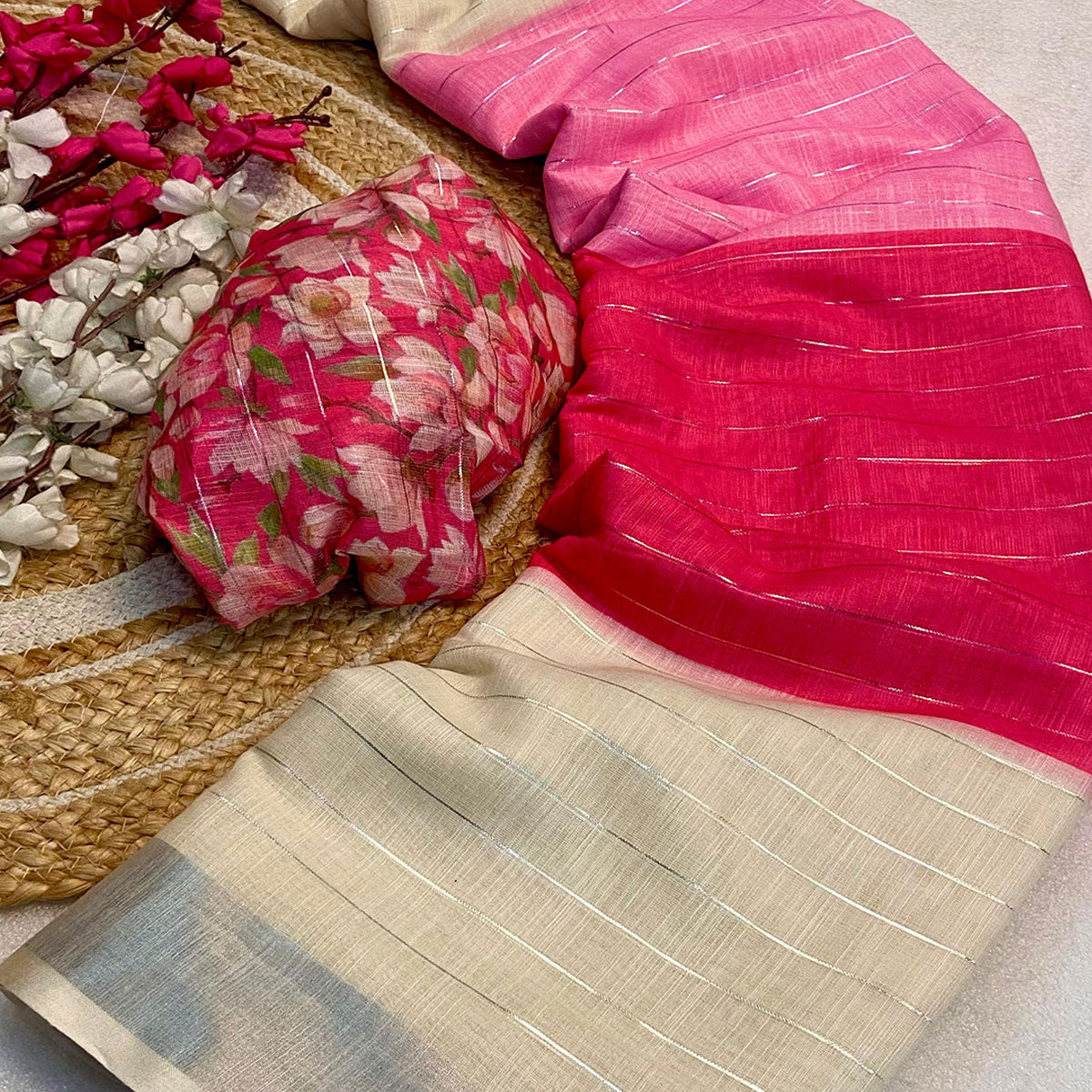 Pink Zari Weaving Linen Saree