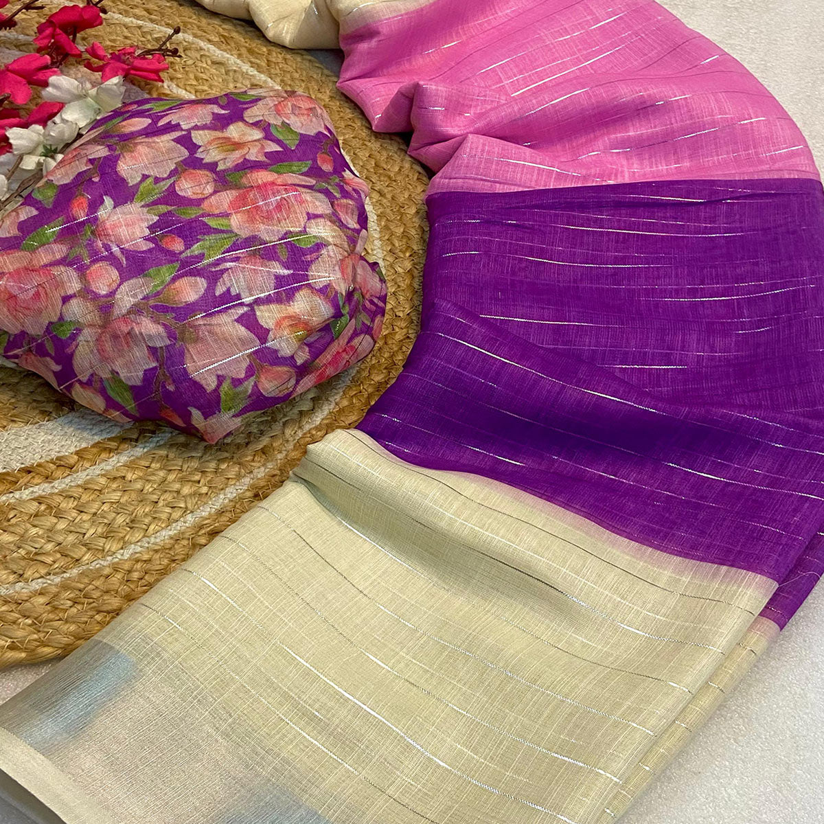 Purple Zari Weaving Linen Saree