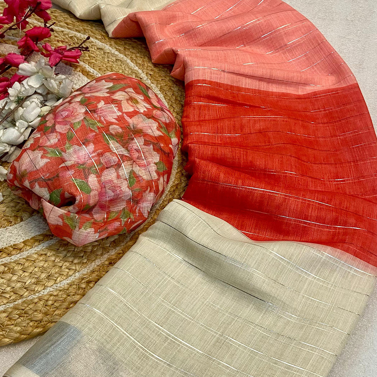 Red Zari Weaving Linen Saree