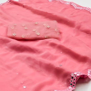 Peach Mirror Work Organza Saree