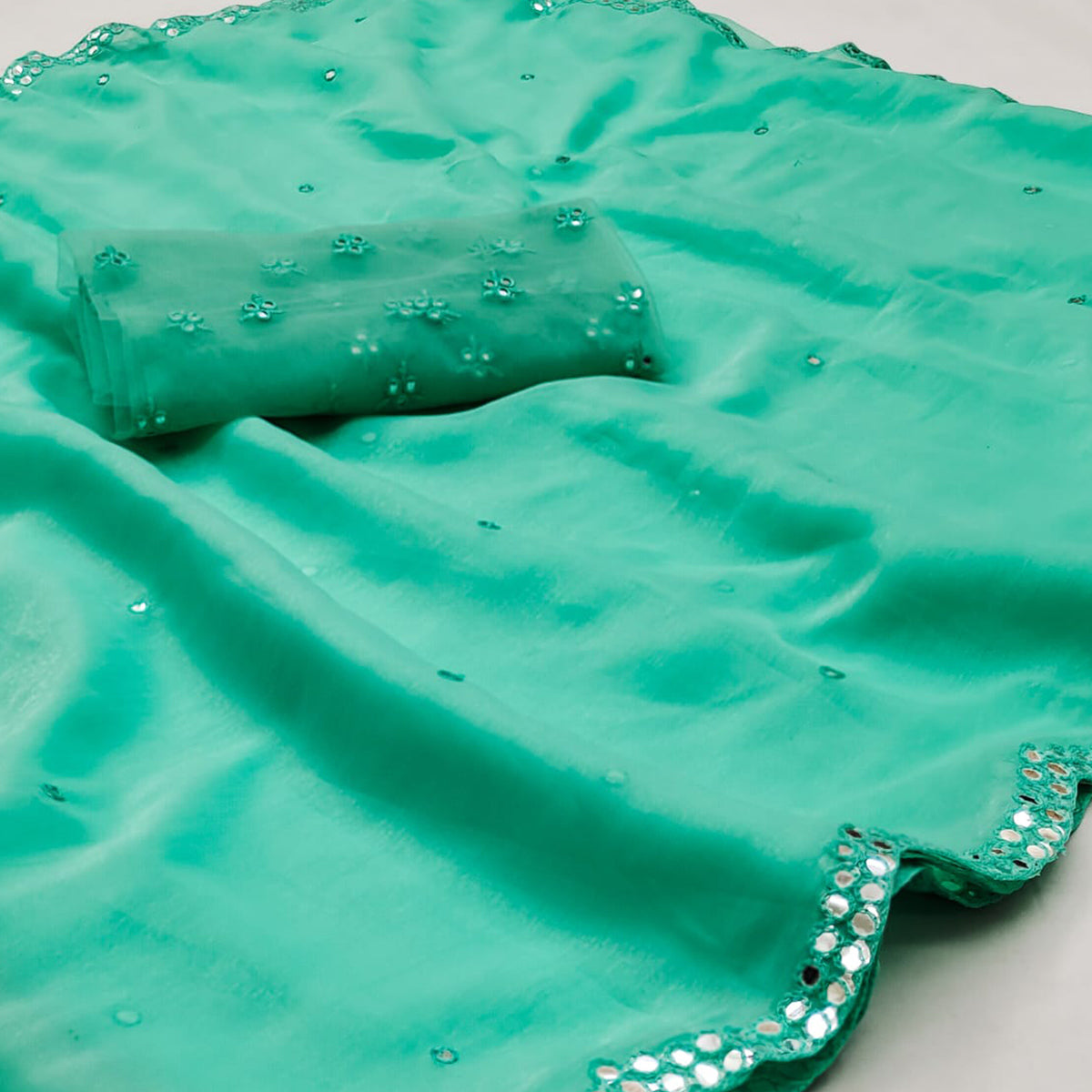 Sea Green Mirror Work Organza Saree