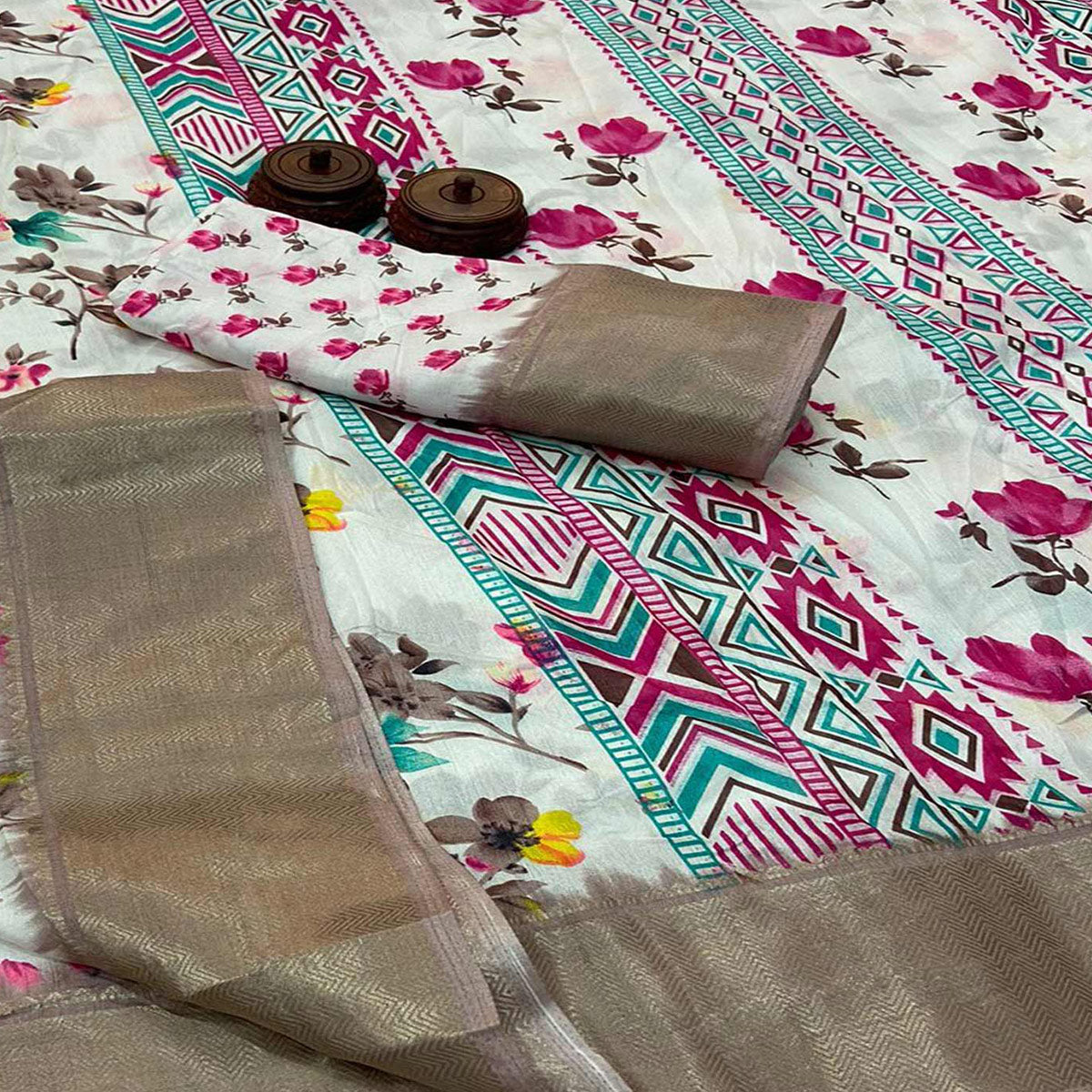 White & Pink Floral Printed Dola Silk Saree With Zari Border