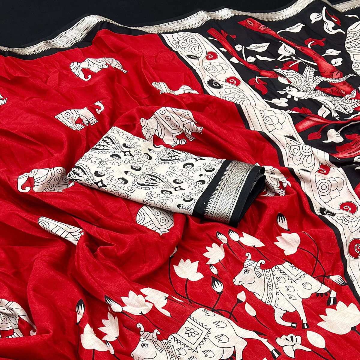 Red Pichwai-Inspired Kalamkari Print on Soft Pure Cotton Saree