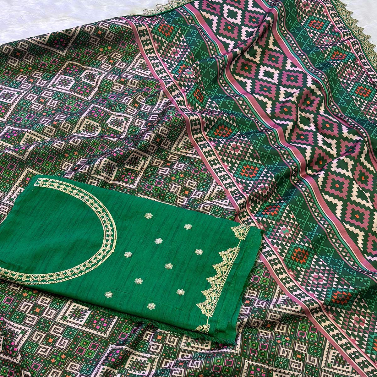 Green Printed Patola Tussar Silk Saree