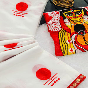 Elegant White Heavy Embroidered Linen Saree for Puja Celebrations