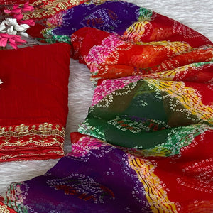 Red Georgette Saree with Bandhani Motifs and Elegant Border Embroidery