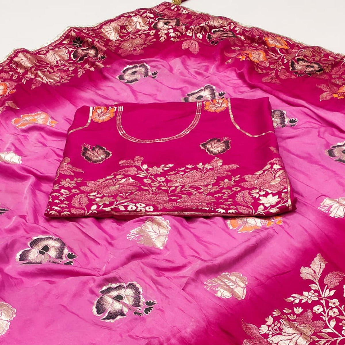 Pink Floral Woven Pure Silk Saree With Tassels