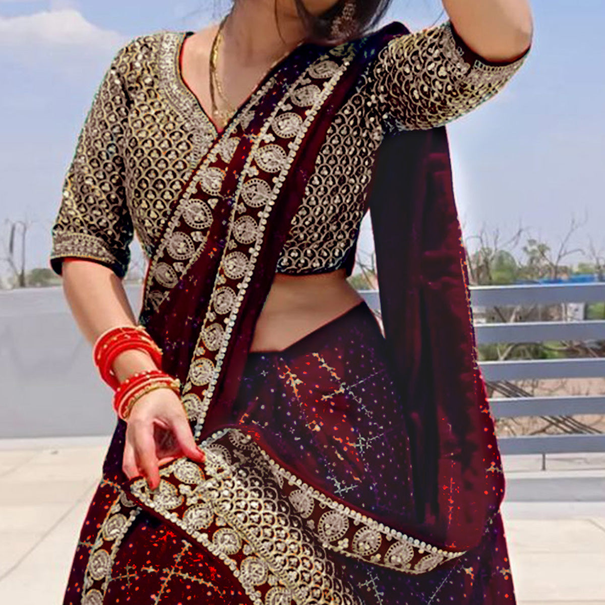 Maroon Printed With Embroidered Border Vichitra Silk Saree