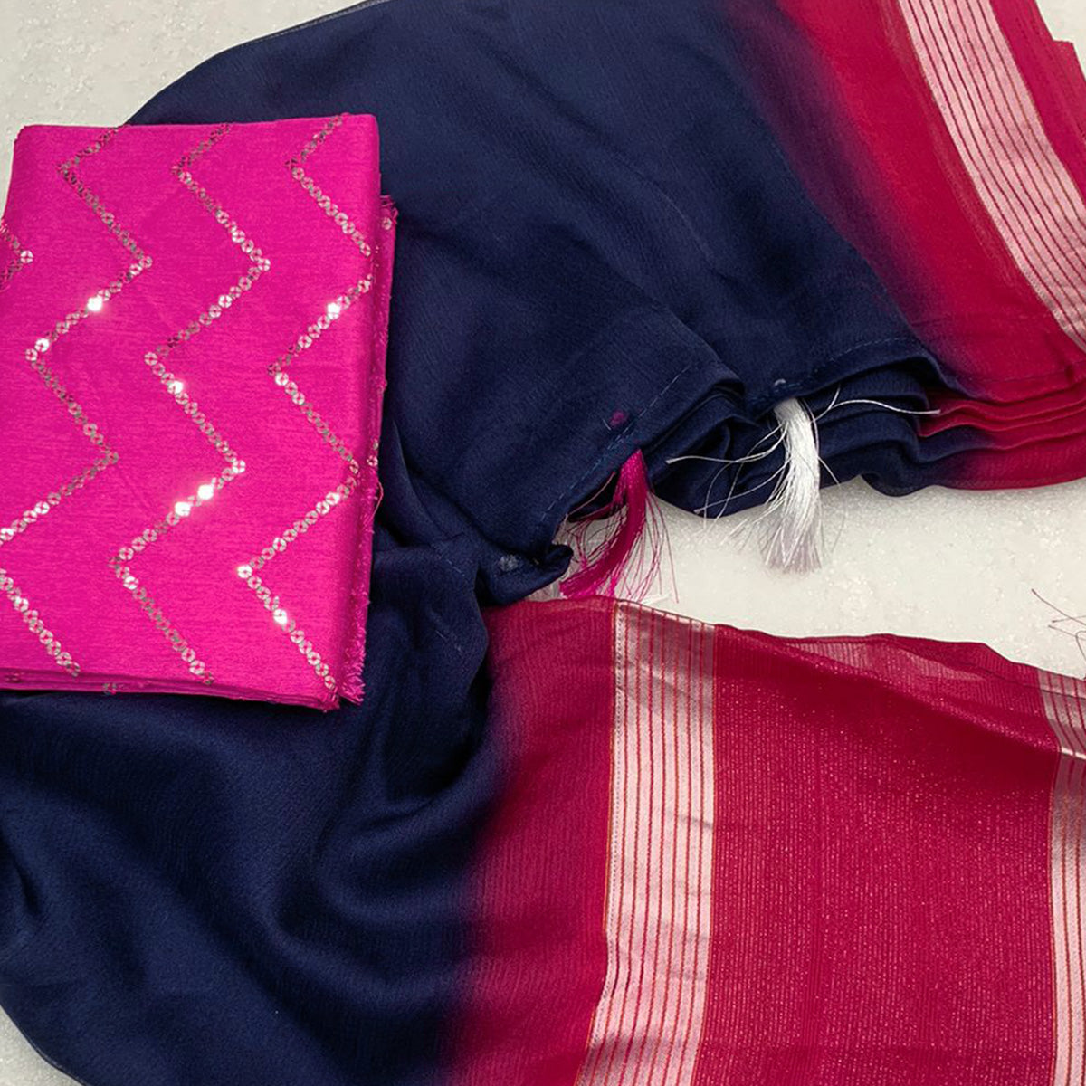 Navy Blue Woven Chiffon Saree With Tassels