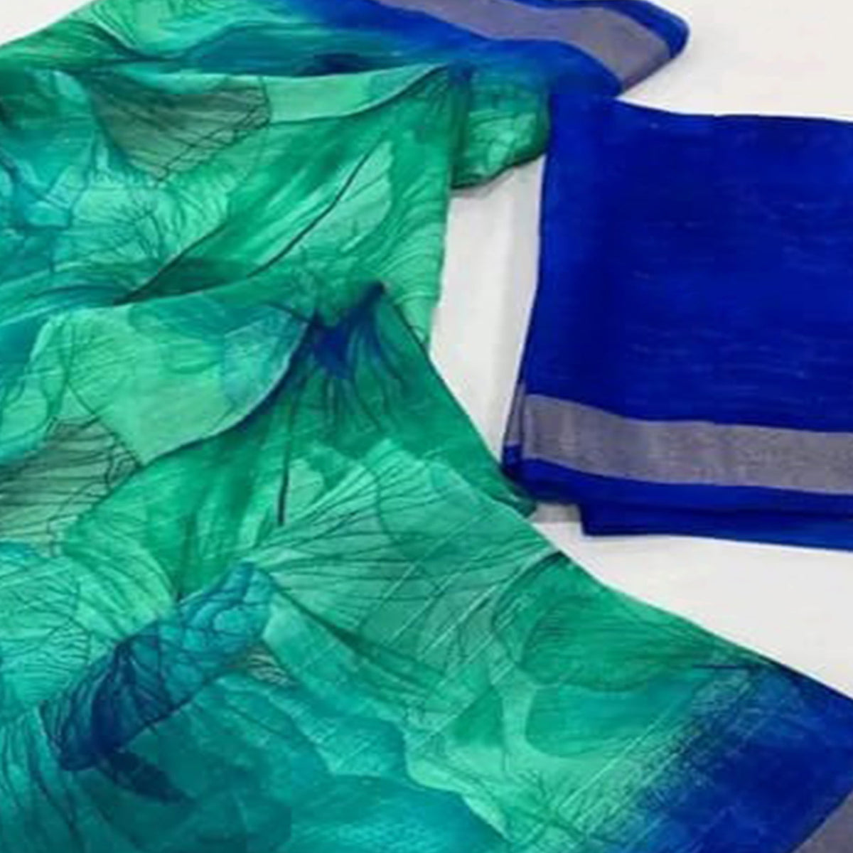 Turquoise & Blue Printed With Woven Chiffon Saree